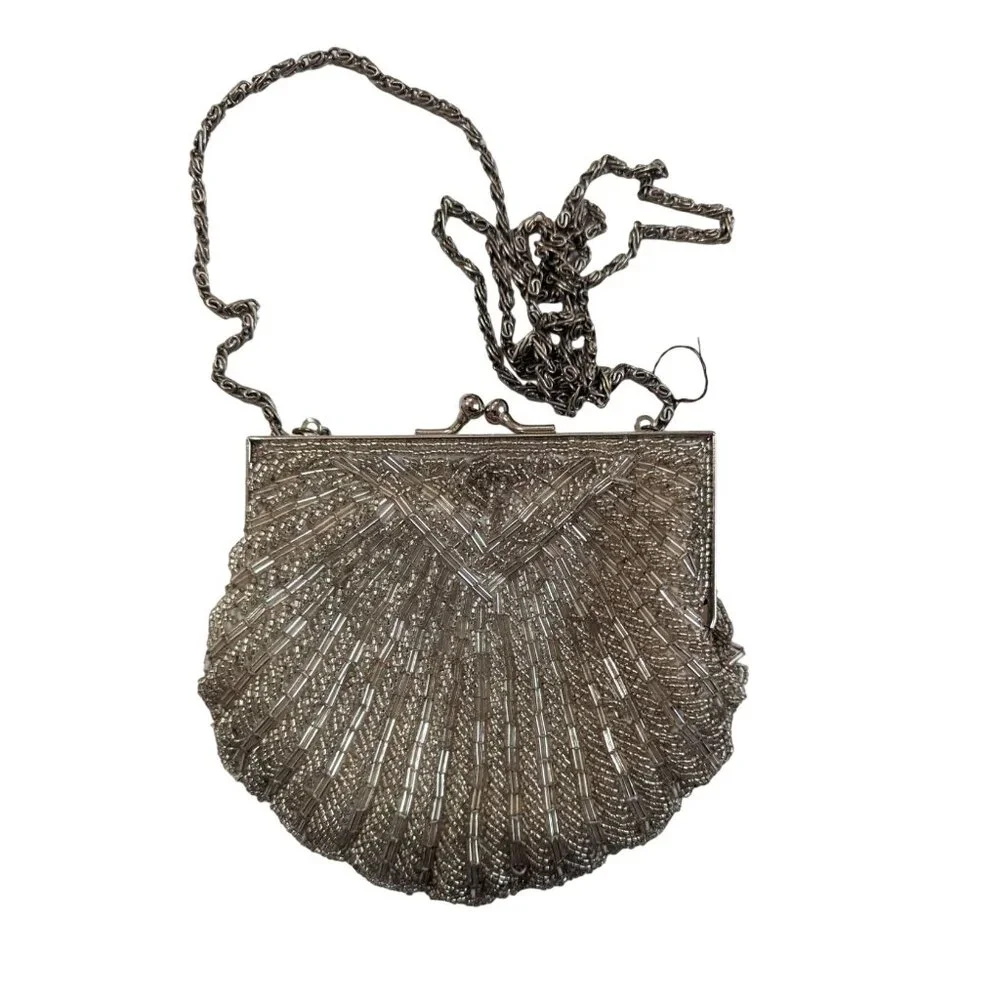 Coloriffics Vintage Silver Beaded Shell Evening Bag Crossbody Clutch Kiss Lock‎